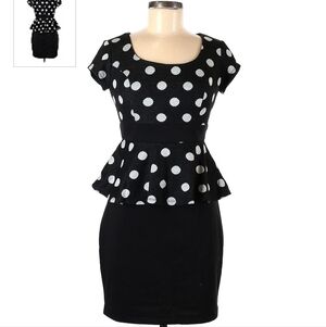B Wear Black White Polka Dot Peplum Top Dress Juniors Size 7 Retro Back Zip EUC